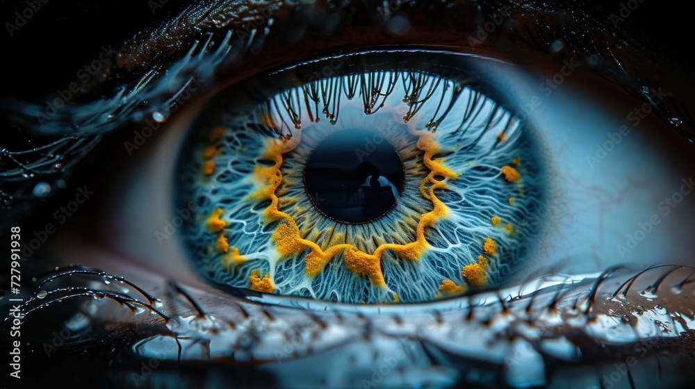 a close up an eye with yellow and blue petals on the outside of and the inside.