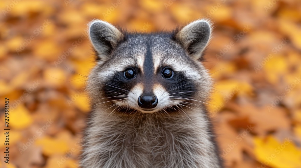 a raccoon looking up at the camera in front of a pile of leaves and leaves on the ground.