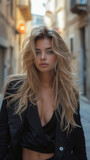 realistic girl walk in Trieste town, street style, blonde hair, fashion wear