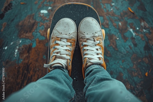 A person's feet glide effortlessly on a skateboard, their sleek skate shoes propelling them forward with grace and style as they conquer the outdoor terrain photo