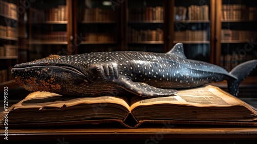 a statue whale sitting on top n open book in front bookshelf filled with books. photo