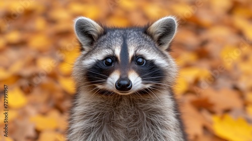 a raccoon looking up at the camera in front of a pile of leaves and leaves on the ground.