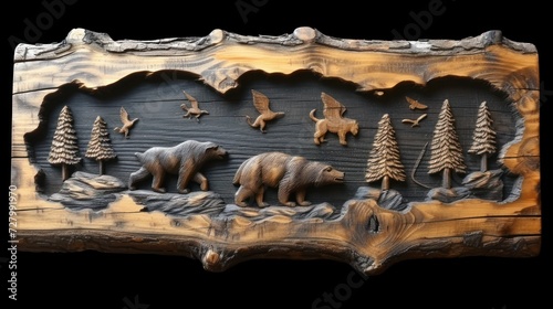 a carving of a bear, bear, and birds on that looks like.