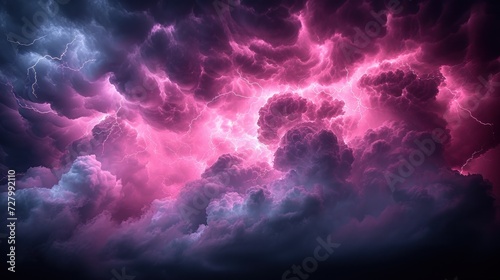 a pink and blue sky filled with lots of clouds and a lightning bolt in the middle of the night sky.
