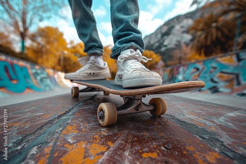 A person glides effortlessly through the park, their feet firmly planted on a skateboard as they embrace the thrill of outdoor skating