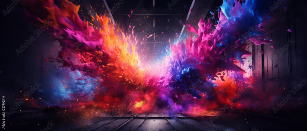 Explosive Burst of Neon Colors in a Dynamic Paint Explosion Captured in a Moody Industrial Setting