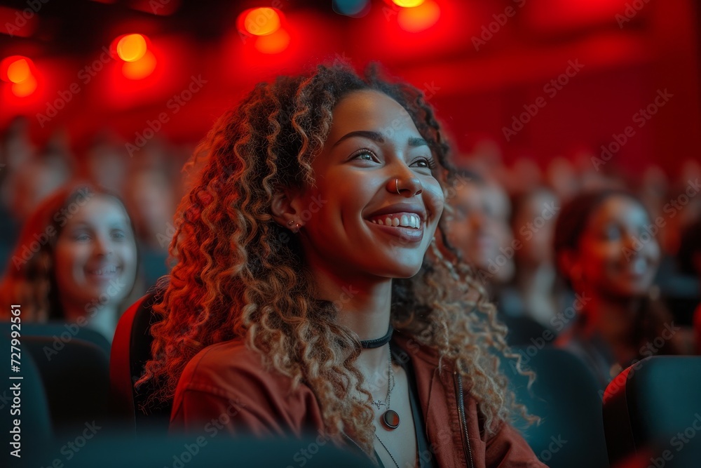 A radiant woman's joyful expression shines amidst the sea of red movie theater seats, bringing warmth and energy to the indoor setting