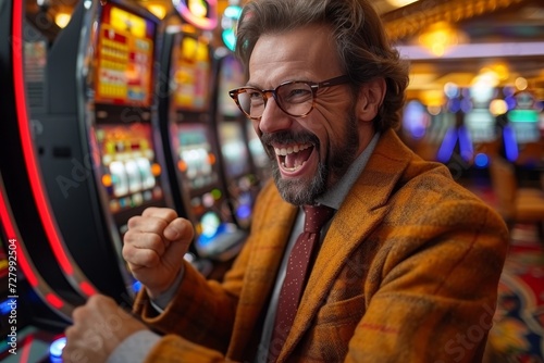 A dapper man in a suit and glasses gazes intently at the slot machine in the bustling casino, his human face betraying a mix of determination and excitement as he prepares to test his luck at the gam photo