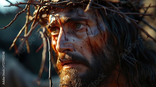 Portrait of Jesus Christ during the Way of the Cross. Ai generative