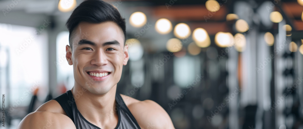 Bright smile of an Asian man enjoying his workout at a well-lit gym Bright smile of an Asian man enjoying his workout at a well-lit gym