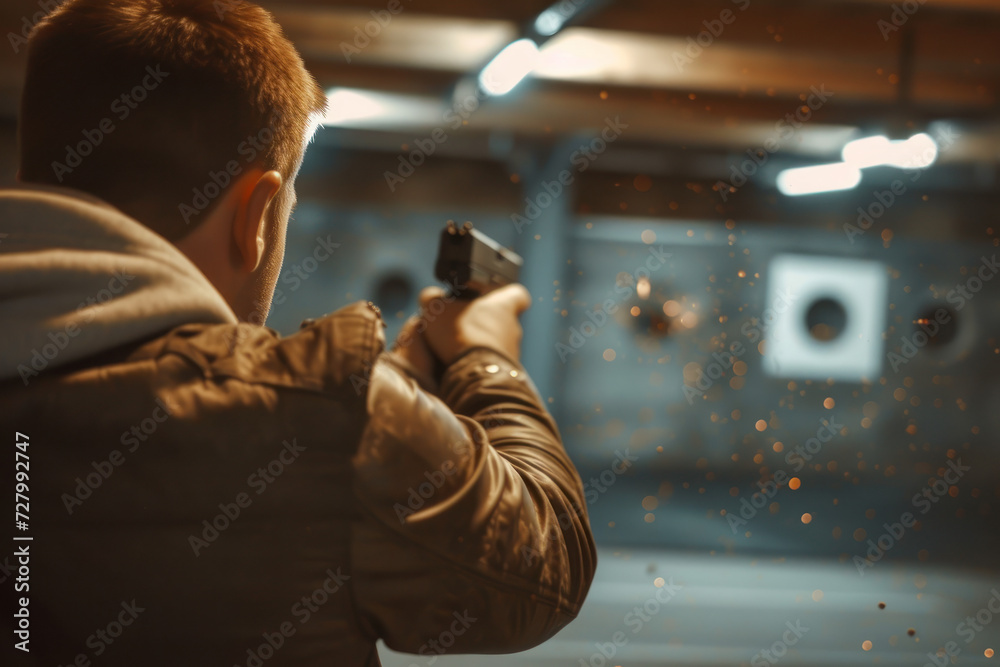 Man aiming pistol at target in indoor shooting range - obrazy, fototapety, plakaty 