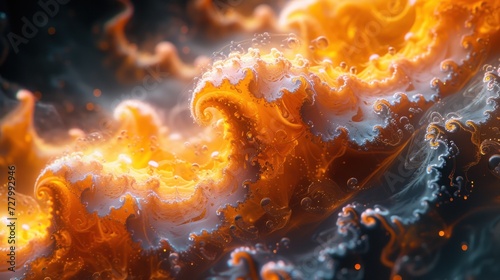 a close up of an orange and blue fire and ice pattern with water droplets on the bottom of the image. © Jevjenijs