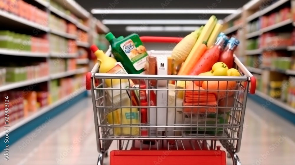 a well-stocked shopping cart in the middle of a supermarket aisle, filled with various groceries. The shelves in the background are neatly organized with an array of products.