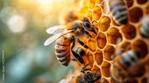 a close up of a bunch of honeybees on a beehive with sunlight shining on the background.