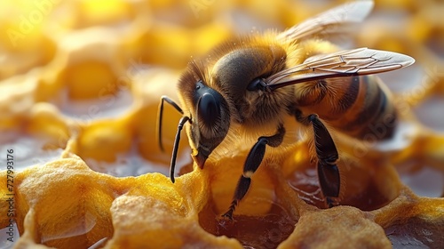 a close up of a bee sitting on a piece next to a pile s.