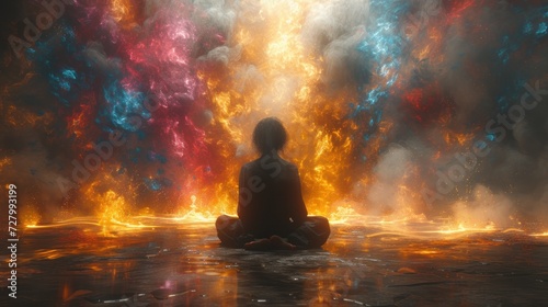Fotografiet a person sitting in the middle body of water in front multicolored explosion of smoke