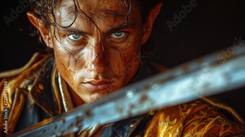 a close up person holding a sword in front black background with a yellow and red design on it. photo