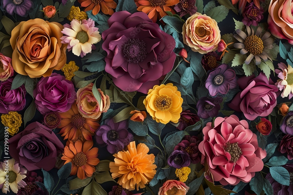 Fototapeta premium A rich tapestry of various flowers in full bloom, showcasing an explosion of colors