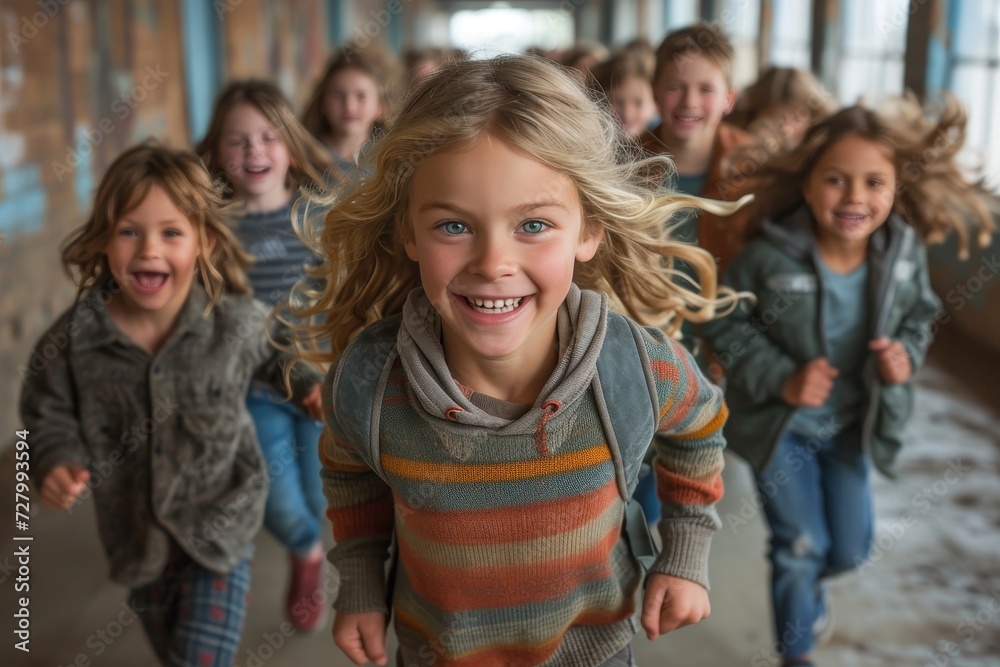 Fototapeta premium A joyful group of young children in winter attire, sporting smiles on their human faces, happily running through a hallway and standing on the outdoor ground