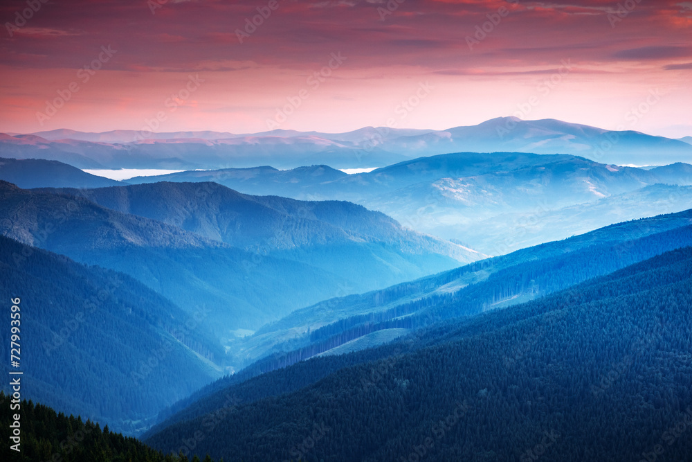 Splendid view of distant mountain ranges in morning light