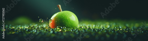 Fresh Green Apple with Water Droplets on a Dewy Grass Surface under Soft Lighting