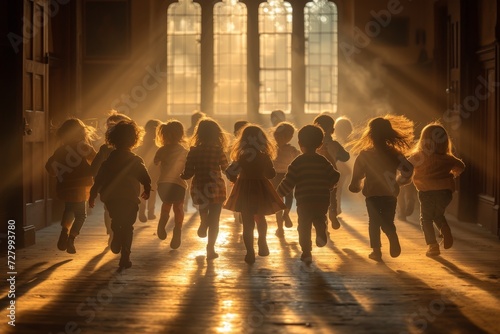 A lively group of children, clad in colorful clothing and sporting various footwear, dart through the sunlit room, their shadows dancing on the ground as they play