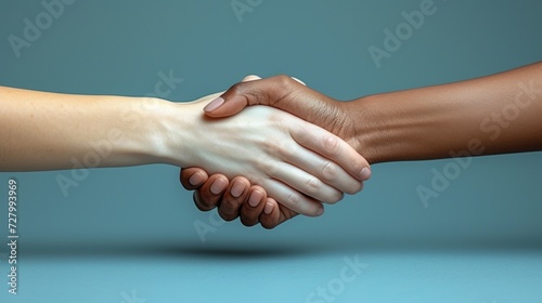 a close up of two people shaking hands on a blue background with a black and white photo of one person holding the other's hand.