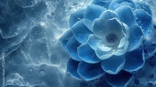 a close up of a blue flower with drops of water on it's petals and the center of the flower.