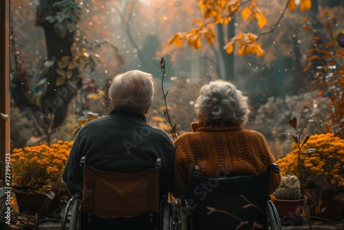 Amidst the colorful foliage of autumn, an elderly couple sits side by side in their wheelchairs, dressed in warm layers, enjoying the peacefulness of their garden in the crisp outdoor air © Larisa AI