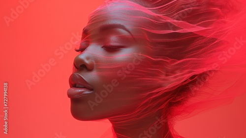 a woman with with a red light shining on her face and.
