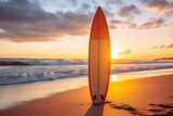 Surfboard on the beach at sunset. Surfing concept. Surfboards on the beach. Vacation and Travel Concept with Copy Space.