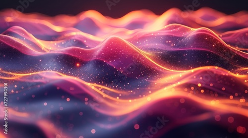a computer generated image of a wave of pink and orange colors with stars in the middle of the wave, with a black background.