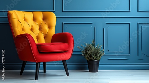 a yellow and red chair next to a potted plant on a hard wood floor in front of a blue wall. photo