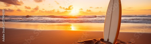 Surfboard on the beach at sunrise. Panoramic banner. Surfboards on the beach. Vacation and Travel Concept with Copy Space.
