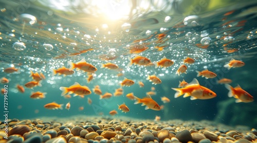 a large group of goldfish swimming in an aquarium with sunlight shining through  s bubbles on surface.