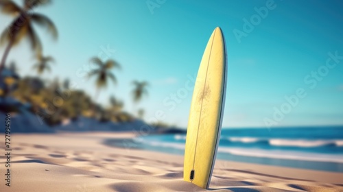 Surfboard on the beach with palm trees. Surfboards on the beach. Vacation and Travel Concept with Copy Space.