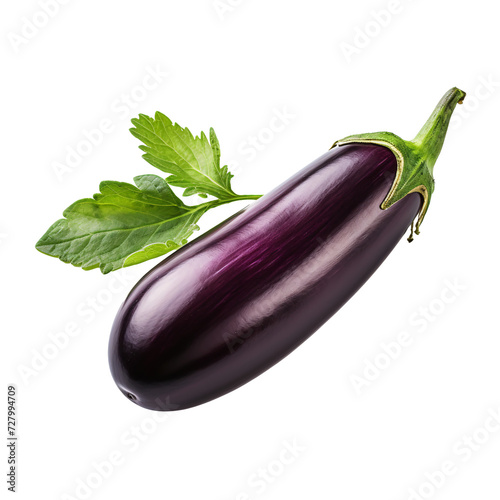 a purple eggplant with green leaves photo