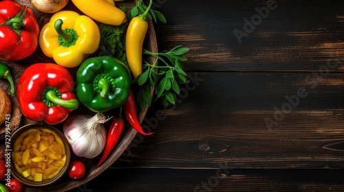 Assortment of fresh paprika, bell pepper and spices arranged on a rustic dark wood surface for healthy cooking.