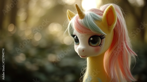 a close up of a toy horse with a pink mane green tail blurry background.