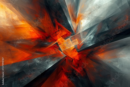 A dynamic abstract geometric art piece featuring sharp angular lines