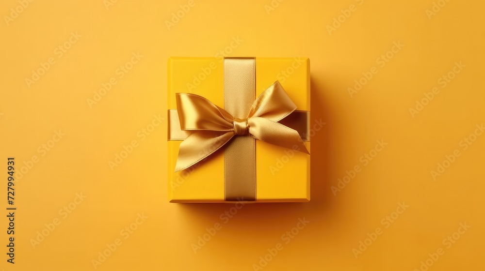 Gift box with golden satin ribbon and bow on yellow background. Holiday gift with copy space. Birthday or Christmas present, flat lay, top view. Gift box with golden satin ribbon and bow on yellow background. Holiday gift with copy space. Birthday or Christmas present, flat lay, top view.