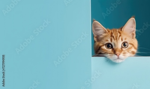 Cute ginger cat character peeking out from behind a blue wall.