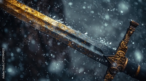 a close up of a sword on a snow covered ground with snow flakes on the sword and it's blade.