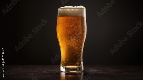 A glass of fresh and cold beer, foam at the top, Wood table, on a dark background, empty space. 