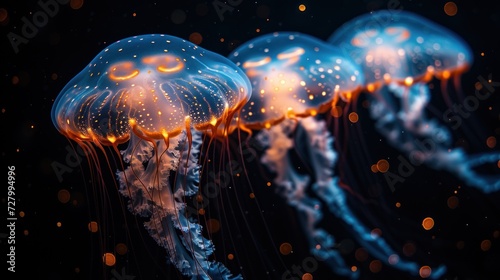 a group of jellyfish floating next to each other on a black background with orange and blue lights in the water.