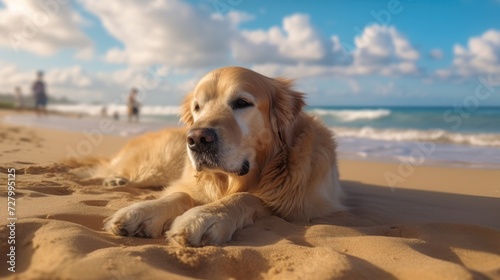 Golden Retriever Enjoying a Summer Adventure. Golden retriever sitting on the sand beach.