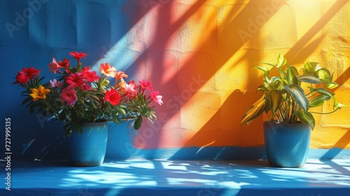 a couple of potted plants sitting next to each other on a blue table with a yellow wall in the background. photo