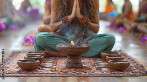 a woman sitting on a rug in front of a bowl with a candle in it and five bowls around her.