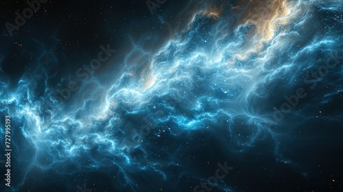 a computer generated image blue and yellow swirl center black background with stars bottom right corner.