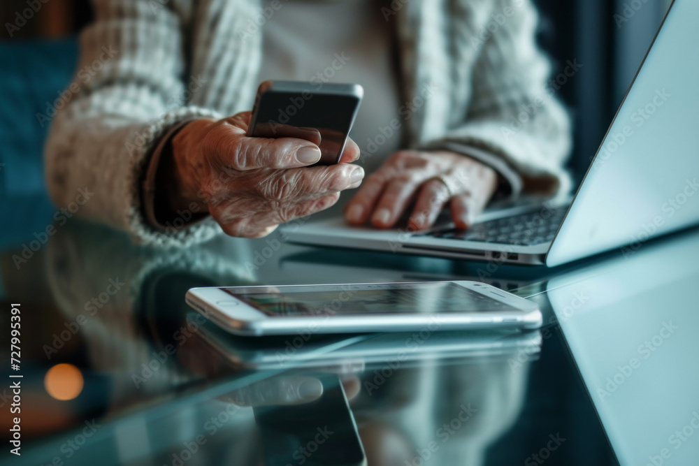 An elderly woman is using a laptop and a cell phone An elderly woman is using a laptop and a cell phone